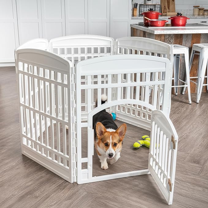 IRIS USA Dog Playpen with Door, 34” 6 Panel Pet Exercise Pen – Indoor Outdoor Puppy Play Pen, Portable Plastic Pet Fence for Small Medium Dogs, Foldable 44” x 63” x 34”, White