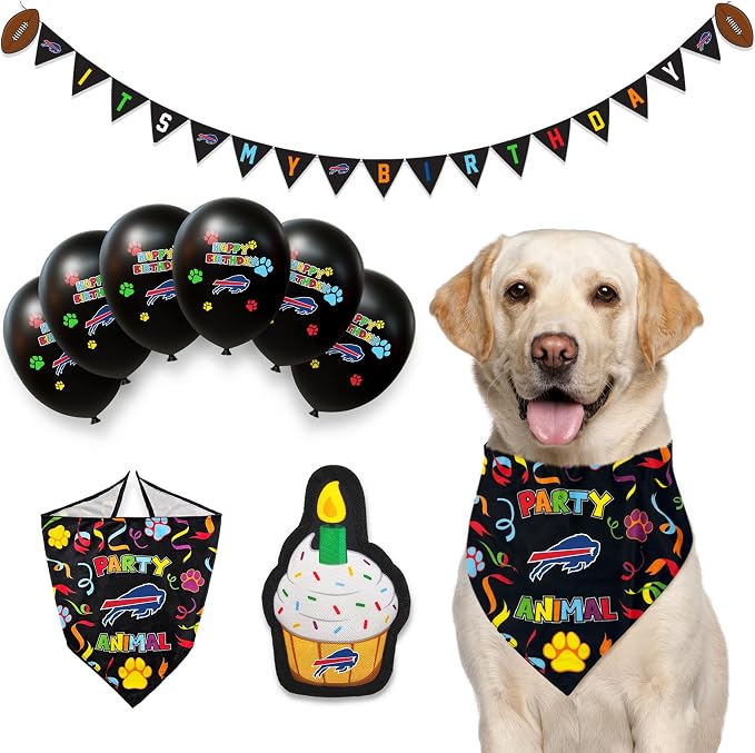 NFL Buffalo Bills Dog Birthday Party Set 9pcs with 1 Football Bandana Small/Medium, 1 Banner, 1 Birthday Cake Toy & 6 B-Day Balloons, Dog Birthday Set, Costume, Fun Doggie Pawty Accesories
