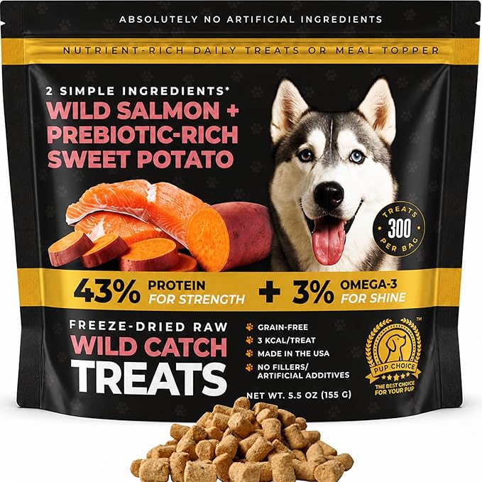 Wild Catch Treats – Freeze Dried Salmon & Sweet Potato Dog Treats – Single Protein, 43% Protein, 3% Omega-3 – Raw Training Treats & Meal Topper – Grain Free – 5.5 oz (300 Count)