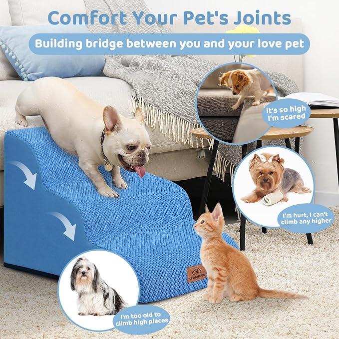 Zerbuger Dog Ramp and Stair for Bed 16" H-20 H,3-Step Cat Stair for Sofa and Chair,4-Step Dog Ramp for High Bed and Window,Durable Nonslip Fabric Cover for Indoor (Blue-16“H, Pet Friendly, 3)