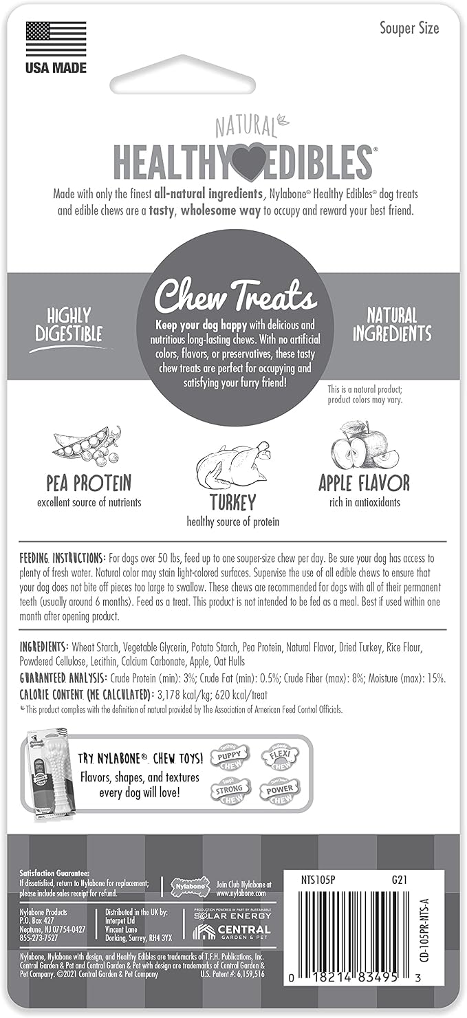 Nylabone Healthy Edibles Natural Dog Chews, Long Lasting Bones for Dogs, Turkey & Apple Dog Treats, X-Large (1 Count)