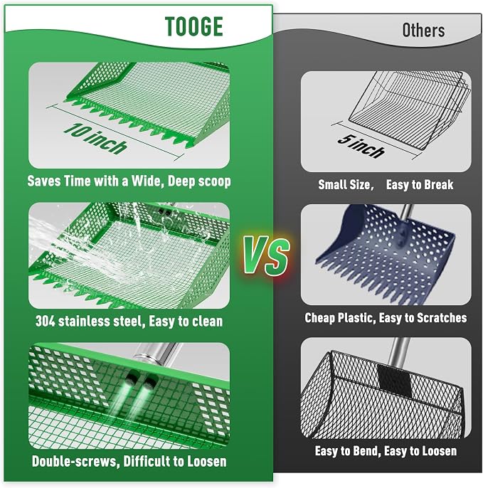 TOOGE Large Chicken Poop Scooper: 2-in-1 Metal Pooper Scooper & Rake Adjustable 62" Long Handle Stainless Steel Sand Sifting Litter Shovel Chicken Coop Scoop Cleaning Tool for Goat Yard Bright Green