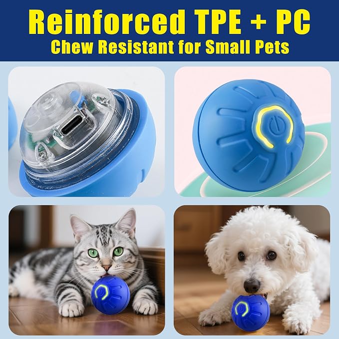 BIONEMAGILI Interactive Self-Moving Pet Toy Ball - Motion-Activated Auto Rolling, Military-Grade Chew Resistant, USB-C Rechargeable for Small Dogs & Cats (Blue,/S/New4)