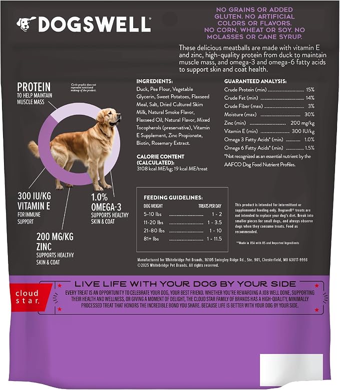 DOGSWELL Skin & Coat Duck Recipe Meatballs Dog Treats - 14 oz.