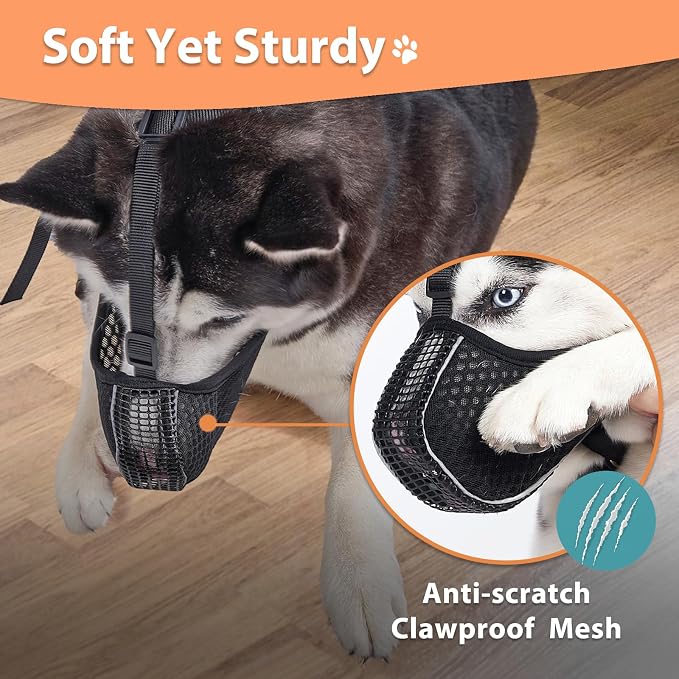 Mesh Dog Muzzle with Collar for Medium Large Dogs Anti Scavenging | Reflective for Nighttime Walks, Soft & Breathable, Anti Biting Chewing Eating, Grooming Training Use, Allows to Drink | XS