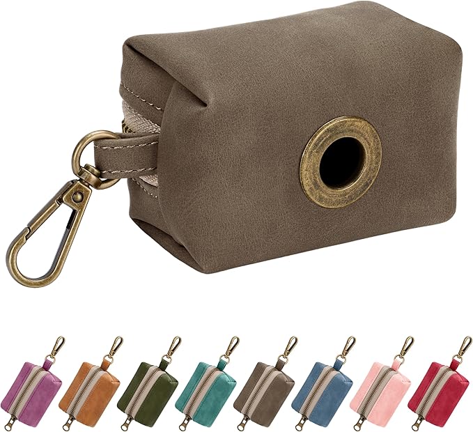 Didog Stylish Dog Poop Bag Holder for Leash, Easy-Pull and Colorful PU Leather Dog Poop Bag Dispenser with Metal Clip, Includes 1 Roll Pet Waste Bag for Daily Walking,Brown