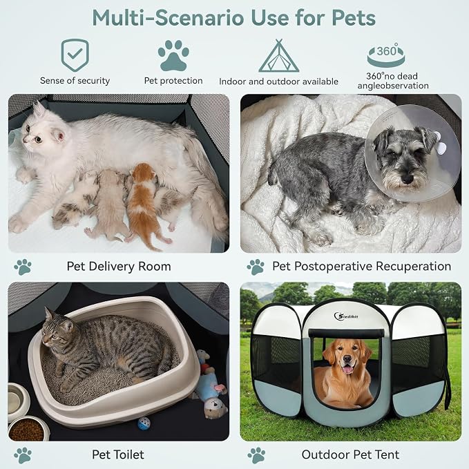 Siedihit Large Dog Cat Playpen, Puppy Pet Playpen Indoor for Dog Crate Tent Cage Outdoor, Portable Pop Up Dogs Enclosure Kennel with Carrying Case for Dogs/Cats/Rabbits, Grey