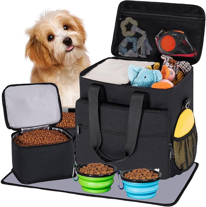 Dog Travel Bag Large Set with Food Containers, Bowls & Feeding Mat, Black
