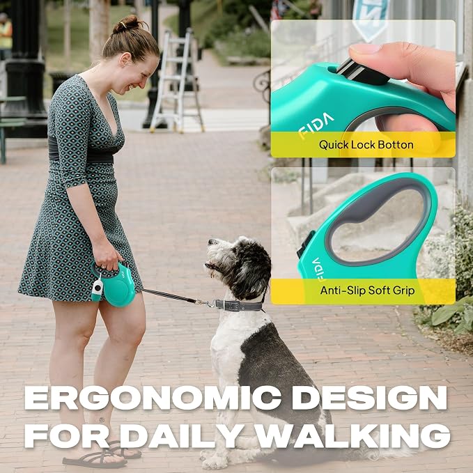 Fida Retractable Dog Leash with Dispenser and Poop Bags, 16 ft Pet Walking Leash for Small Dog or Cat up to 26 lbs, Anti-Slip Soft Handle, Tangle Free, Reflective Nylon Tape (S, Teel)