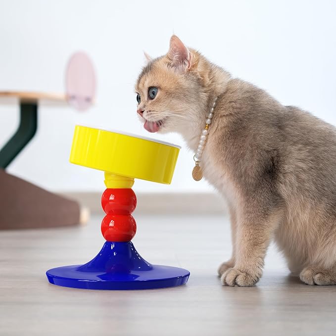 Ceramic Elevated Raised Cat Bowls,Cat Food Dish with Stand, 3 Height Adjustable Raised Dog Bowl Stand for Small Dogs Cats, Adjusts to 4.69", 5.98", 7.28" (Red & Blue)