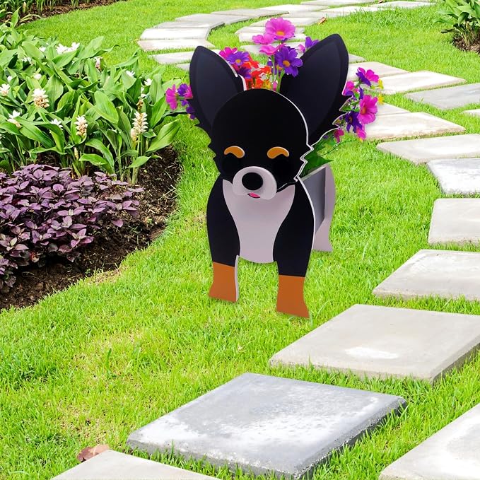 Black and White Chihuahua Dog Planter, Animal Shaped Flower Pot