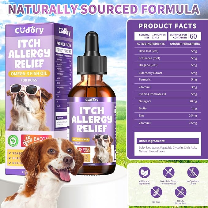 Dog Allergy Relief Drops, Itchy Skin Relief for Dogs with Omega-3, 60ml