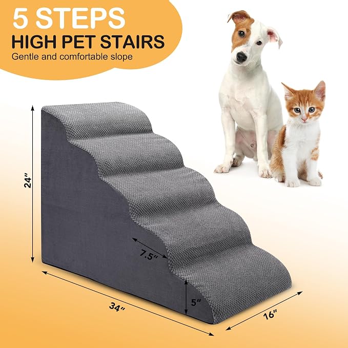 CiWiVOKi Dog Stairs for Bed, 5-Step Dog Steps for Couch and High Bed, Non-Slip Pet Stairs, 24" High Sofa Foam Ramp - Best for Small Pets, Older Cats with Joint Pain