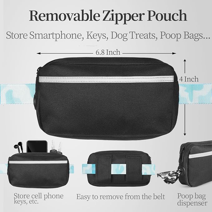 iYoShop Hands Free Dog Leash with Zipper Pouch, White-Blue Mix, Large | Waist Leash, Dual Padded Handles, Shock-Absorbing Bungee, Adjustable Waist Belt, Walking and Running