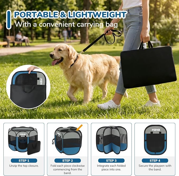 Dog Playpen, Portable Puppy Pet Crate Indoors for Small/Medium/Large Dogs Cats Rabbits, Foldable Dog Cage Enclosure for Outdoor, Pop Up Dogs Tent Kennel with Carrying Case, Grey Blue