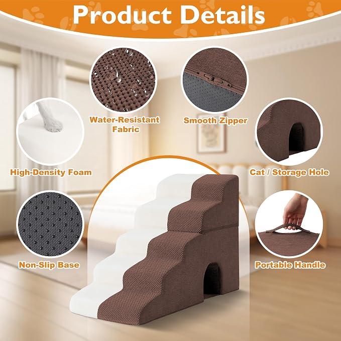 Dog Stairs for Bed 23’’ H, 5-Step Dog Steps for High Bed, Foldable Pet Stairs for Small Dogs and Cats to Get on Beds, Couch, Non-Slip Balanced Pet Steps and Ramp with Waterproof Cover, Brown