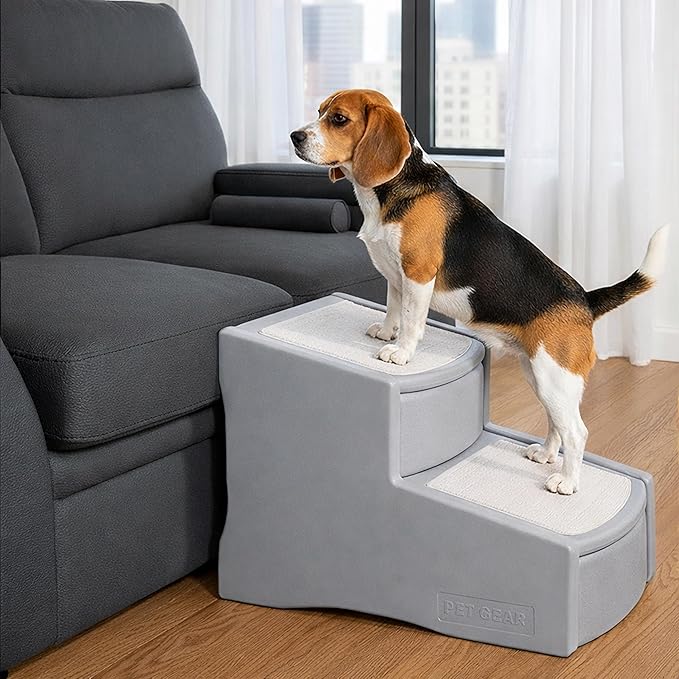 Pet Gear Easy Step II Pet Stairs, 2 Step for Cats/Dogs up to 150 Pounds, Portable, Removable Washable Carpet Tread, No Tools Required, Sea Salt