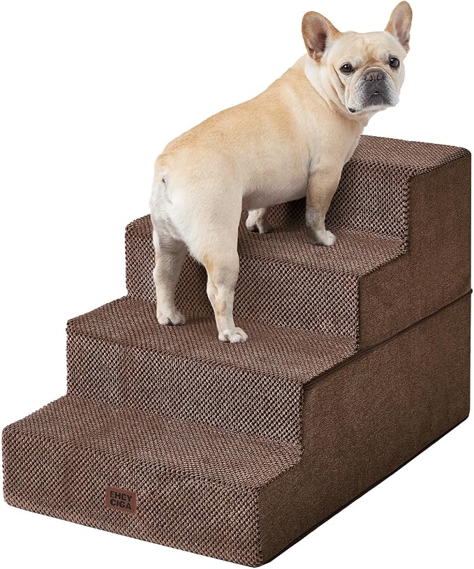 EHEYCIGA Dog Stairs for Bed 20" H, 4-Step Extra Wide Dog Steps for High Bed, Pet Steps for Small Dogs and Cats, Non-Slip Balanced Pet Ramp Indoor, Brown