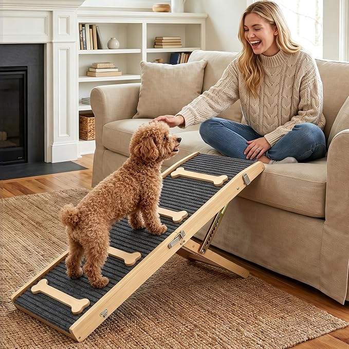 Pawaboo 2026 Upgraded Dog Ramp for Couch, Foldable Small Dog Ramp for Sofa with 7 Adjustable Heights from 2.2" to 18.5", Portable Non-Slip Pet Ramps for Couch Sofa, Wood