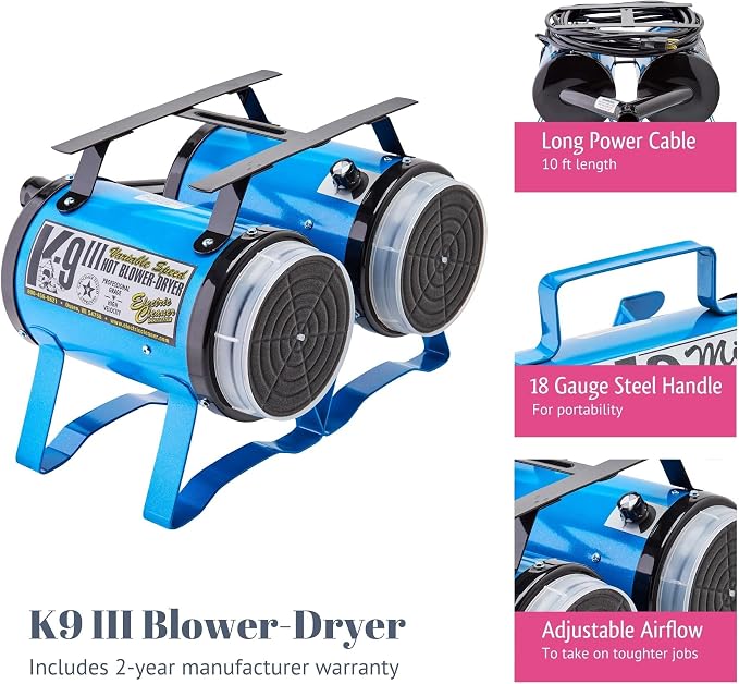 Electric Cleaner Company ECC K-9 III Variable Speed Dog Dryer - High Velocity Blow Dryer for Pets, Metallic Blue