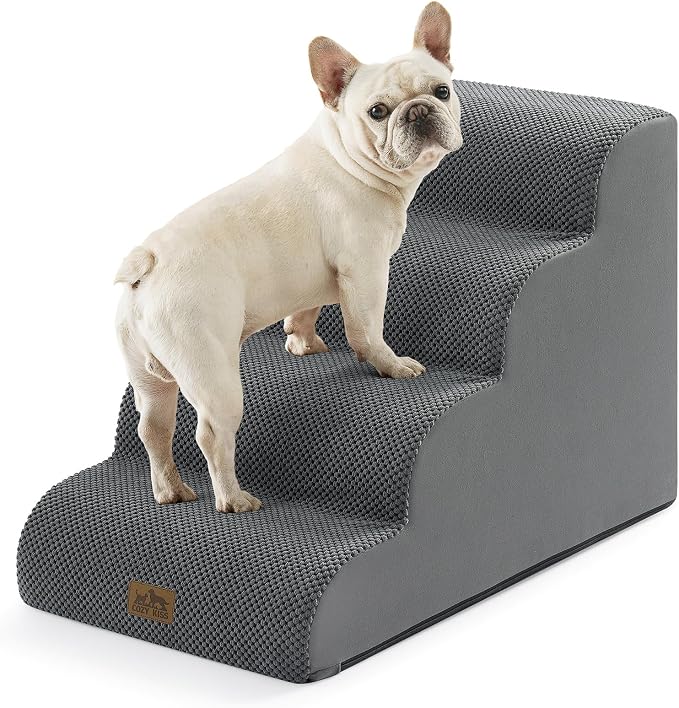 COZY KISS Wide Dog Stairs for Small Dog 19.7" H, 4 Step Pet Ramp for Bed | Curved Stable Dog Step for Puppy, Older Cat, Senior, Medium, Short-Legged Dog, Non-Slip Ladder, 17.7 inch Width, Dark Grey