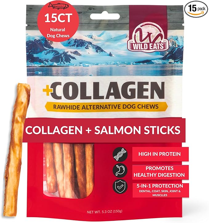 Wild Eats Real Salmon Collagen Bully Sticks for Dogs, (15ct, 1cm Thick) Healthy Bully Stick - Long Lasting Dog Chew Treat