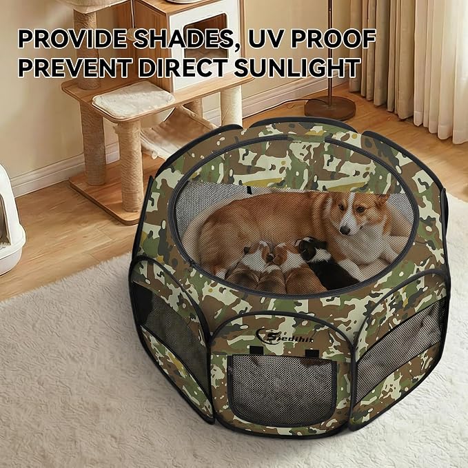 Siedihit Dog Cat Playpen, Medium Puppy Pet Playpen, Dog Crate Tent Cage Indoor/Outdoor, Portable Pop Up Dogs Kennel Playpen with Carrying Case for Dogs/Cats/Rabbits(Green Camo, Medium)