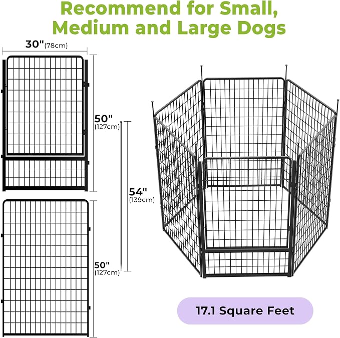 SunsGrove Dog Playpen Outdoor with Wider Door, 50 inch 6 Panels for Large Dogs, Free and Safe Play Dog Fence Indoor, Black