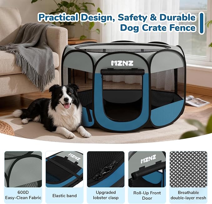 Dog Playpen, Portable Puppy Pet Crate Indoors for Small/Medium/Large Dogs Cats Rabbits, Foldable Dog Cage Enclosure for Outdoor, Pop Up Dogs Tent Kennel with Carrying Case, Grey Blue
