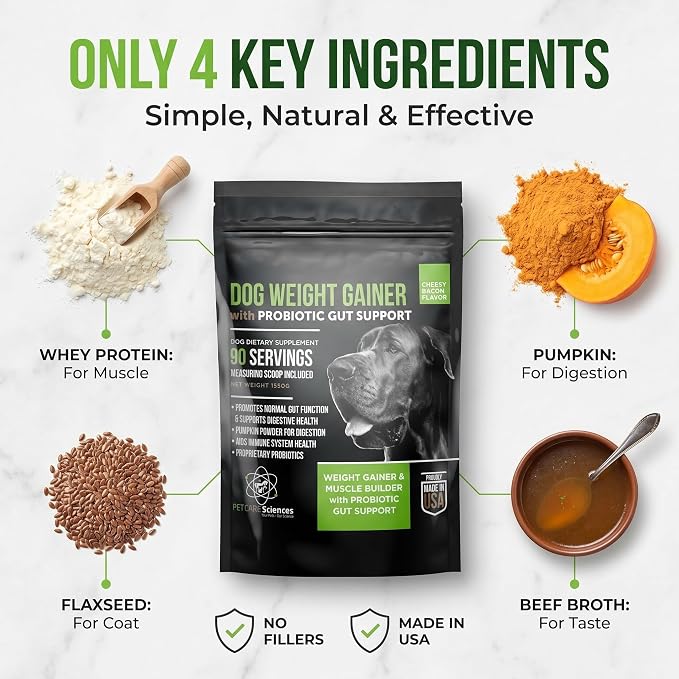 Dog Weight Gainer with Probiotic Gut Support - Weight Gain Supplements for Dogs - Canine and Dog Muscle Builder - 90 Servings - Made in The USA