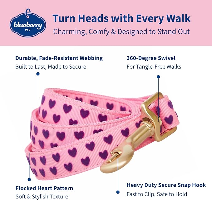 Blueberry Pet Valentine's Day Dog Leash, Velvety Soft-Touch Heart Flocking