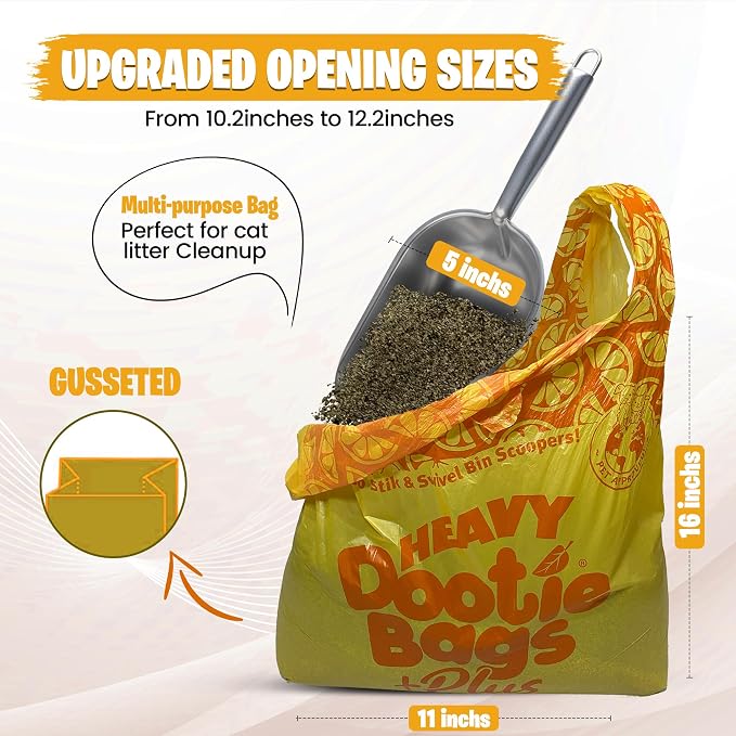 HEAVY Dootie Bags +Plus a Hint of Citrus Scent with EZ Tie Handles. For Pet Dog Poop, Cat Litter. Multi-Use. Fits Swivel Bin and Gogo Stik Scoopers. Made with Cornstarch. Strong, Leakproof, Very Large