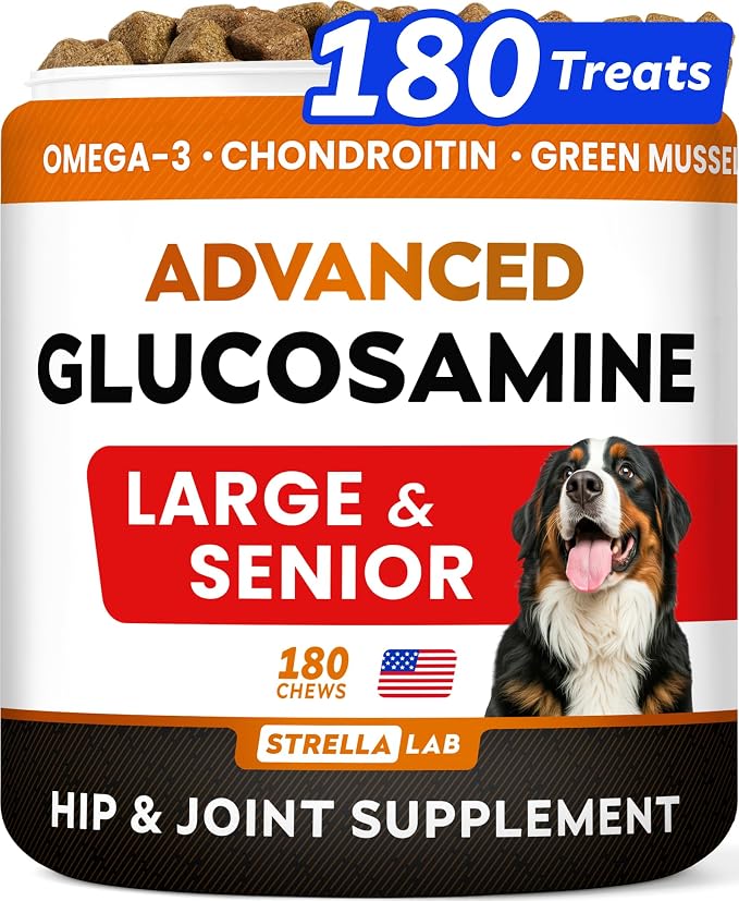 STRELLALAB Senior Advanced Glucosamine Joint Supplement for Dogs - Green Lipped Mussel & Collagen - Large Breeds - Hip & Joint Health - Bacon Flavor - 180 Chews