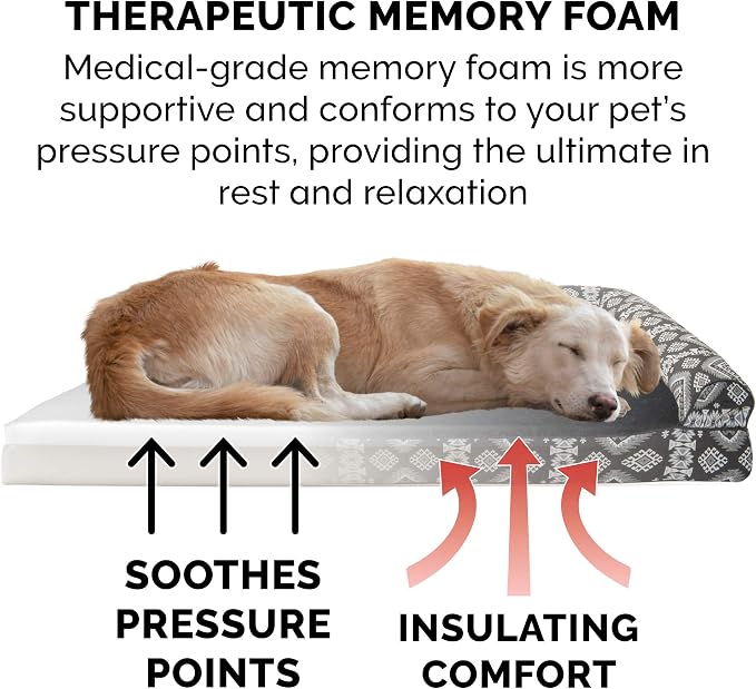 Furhaven Memory Foam Dog Bed for Large Dogs w/ Removable Bolsters & Washable Cover, For Dogs Up to 125 lbs - Plush & Southwest Kilim Woven Decor Sofa - Black Medallion, Jumbo Plus/XXL