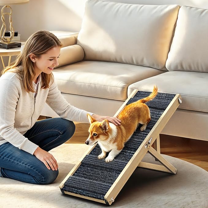 Pawaboo Foldable Dog Ramp, Small Dog Ramp for Couch, 4 Adjustable Height from 13'' to 21", Stable Pet Steps with Non-Slip Pad, Portable Pet Ramps Use for Couch Sofa Stairs, Wood