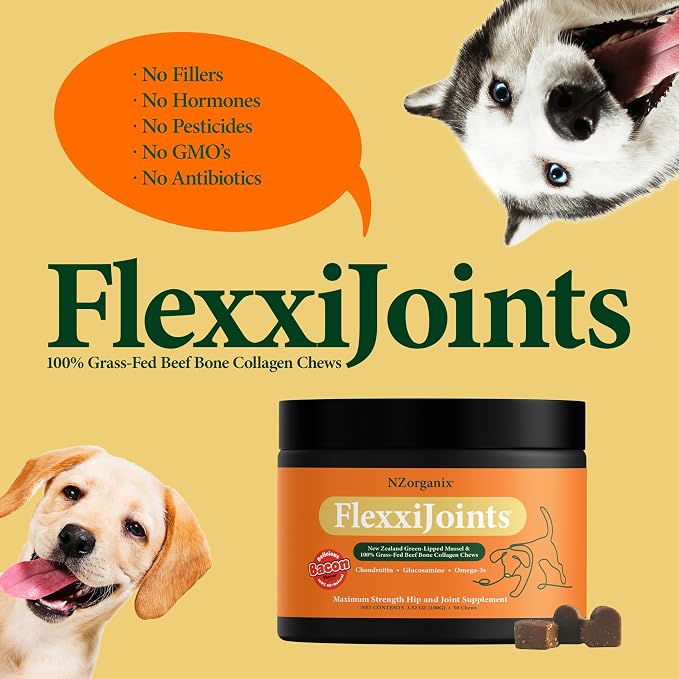NZorganix FlexxiJoints Hip and Joint Supplement Chews for Dogs, Cats • 100% Grass-Fed Beef Bone Collagen New Zealand Green-Lipped Mussels • 200 Chews 2-Pack