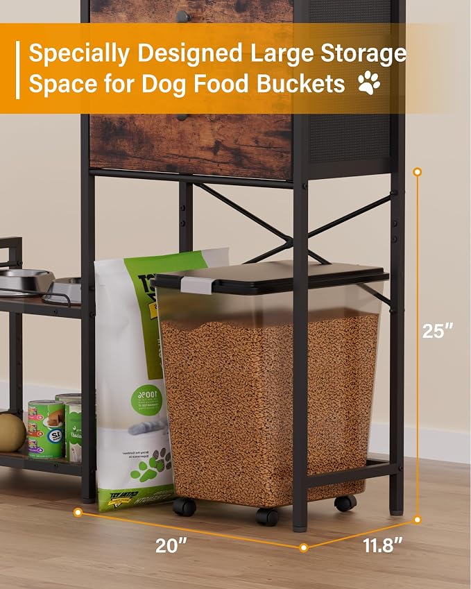 Elevated Dog Bowls,8 Heights Adjustable Dog Storage Organizer Shelves with Toy Double Drawer, Pet Food Station Cabinet for Medium Large Dogs,Elevated Dogs Bowls with Storages, Rustic Wood Brown
