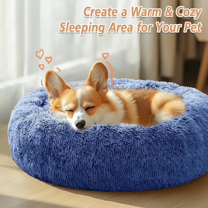 JOLLYVOGUE 36" Calming Donut Dog Bed, Navy Blue
