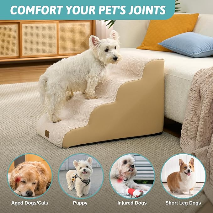 COZY KISS Wide Dog Stairs for Small Dog 19.7" H, 4 Step Pet Ramp for Bed | Curved Stable Dog Step for Puppy, Older Cat, Senior, Medium, Short-Legged Dog, Non-Slip Ladder, 17.7 inch Width, Grey