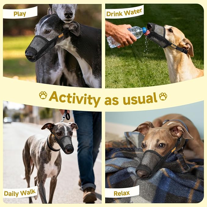 Soft Mesh Muzzle for Greyhound Whippet Long Narrow-Snouted Dogs | Prevent Excessive Biting Chewing Eating, Grooming Nail Trimming Walking Vet Visits Use, Allowing Drinking, Breathable | L