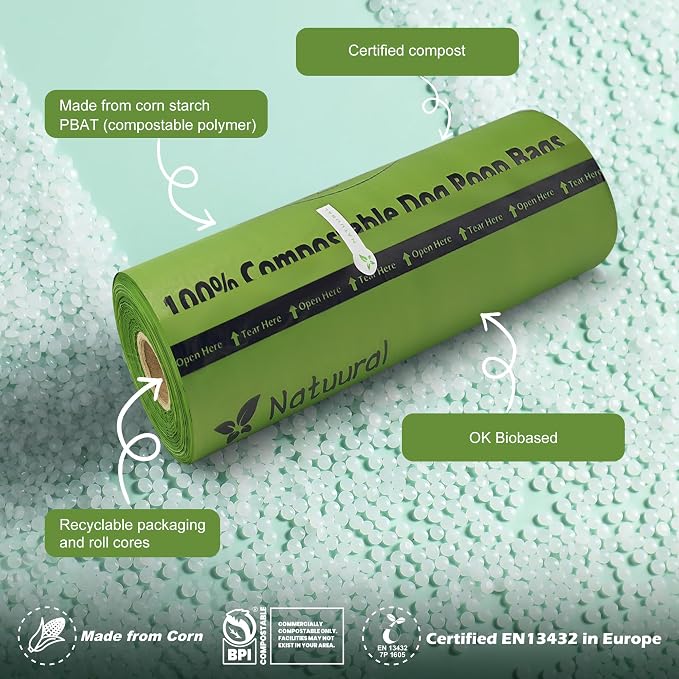 Compostable Dog Poop Bags-300 Bags 1Rolls, Poop Bags for Dogs Made of Cornstarch, Unscented, Ideal for Backyard or Home and Cat Litter Disposal