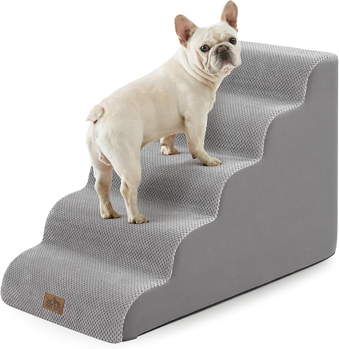 COZY KISS Dog Stairs for Small Dog 22.6" H, Curved Pet Step for Puppy, Older Cat, Medium Pet Ramp for High Bed, Ladder with High Density Foam, Durable, 5 Step, 15.7x33x22.6 inch, Grey