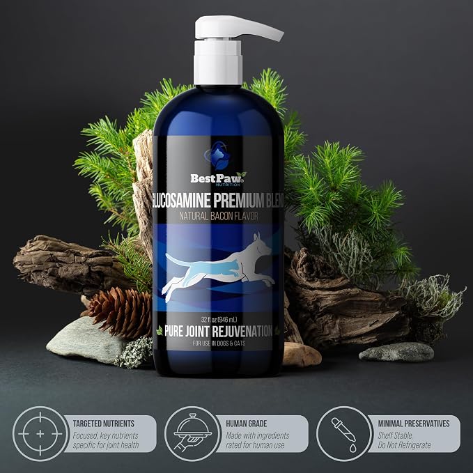 Liquid Glucosamine for Dogs | Glucosamine Chondroitin MSM with Hyaluronic Acid | Hip and Joint Supplement | Bacon Flavor | Easy Pump Food Topper | 32oz