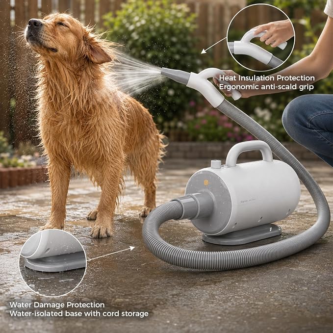 Sevy Whoosh Dog Dryer | High Velocity Dog Blower Grooming Dryer with Negative Ions | Dog Hair Dryer Blower for Grooming, Home & Professional Use, Stepless Speed, 4 Temperature Settings and 5 Nozzles