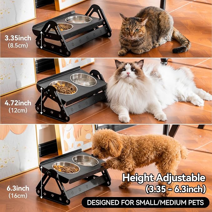 JUNSPOW Elevated Dog Bowls with 2 400ml Stainless Steel Bowls for Small Medium Dogs Cats, 3.35''-6.3'' Height Adjustable and 15° Tilted Adjustment Raised Stand, Lifted Pet Food & Water Feeder
