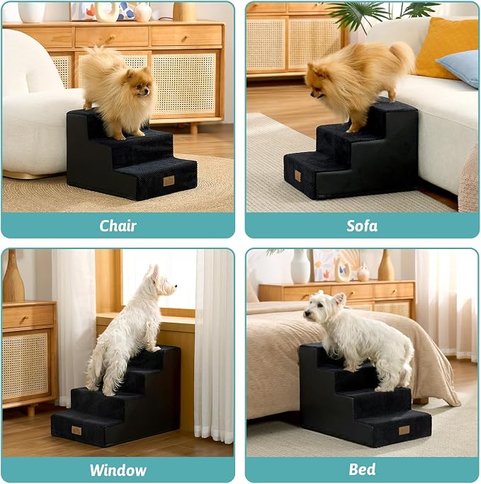COZY KISS Dog Stairs for Small Dogs, 4 Step Pet Stairs for Beds & Couches | 17.7" H Non-Slip Dog Steps for Bed, Wider for Puppies, Senior Cats, and Small to Medium Dogs, 15.7x23.6x17.7 in, Black