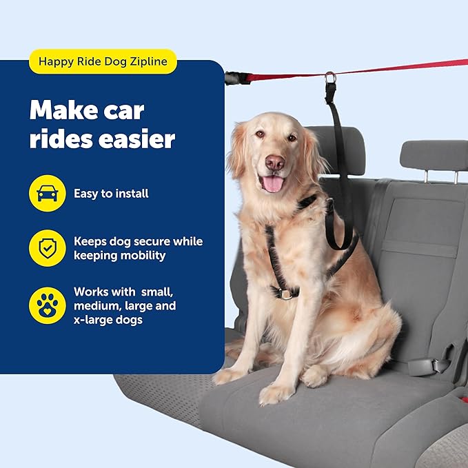 PetSafe Happy Ride Dog Zipline Car Leash | Secures Dog in Backseat While Allowing Mobility, Reduces Driver Distraction, Durable Nylon, Fits Most Vehicles, All Dog Sizes
