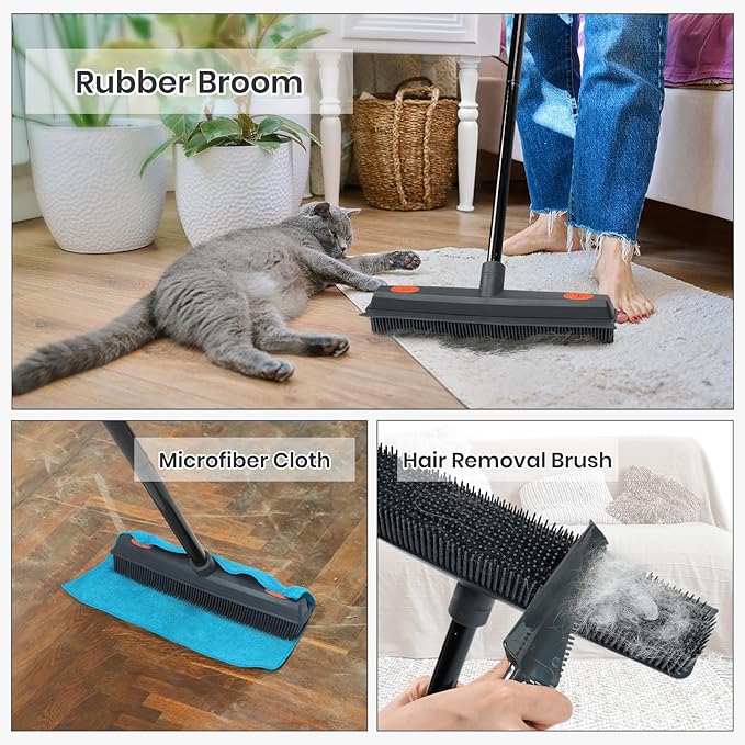 MAVRIZ Pet Hair Removal Broom on Carpet, Rubber Broom for Hardwood Floor - Fur Remover Broom with Squeegee