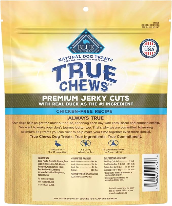Blue Buffalo True Chews Premium Jerky Cuts with Real Duck, Chicken-Free Natural Dog Treats, Mineral-Enhanced for Flavor, 12 oz. Bag