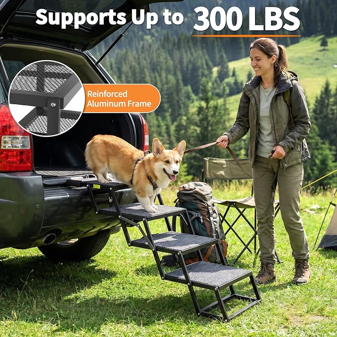 4-Step Dog Stairs for Car, 17” Wide Adjustable Pet Steps for SUV & Truck, Foldable Dog Ramp Ladder for Small, Medium & Large Dogs